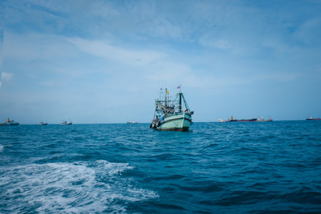 Old wooden fishing boat trawler on sea at Samaesarn Island Chonburi Thailand, Sea in Thailandの写真素材