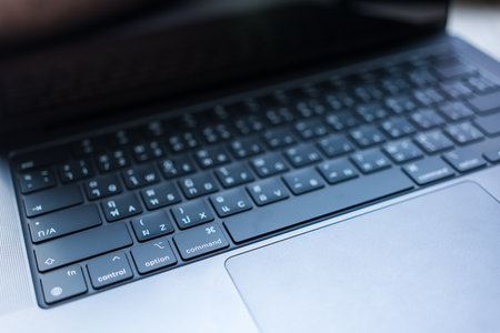 Bangkok, Thailand - December 27, 2023 : Close up of a Thai language keyboard of Apple MacBook Pro M3 Max, Space Black a dazzling new look. Apple launched a new MacBook Pro in 2023のeditorial素材