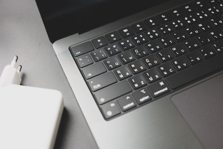 Bangkok, Thailand - December 27, 2023 : Close up of a Thai language keyboard of Apple MacBook Pro M3 Max, Space Black a dazzling new look. Apple launched a new MacBook Pro in 2023のeditorial素材