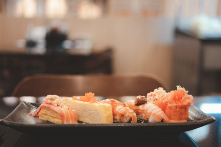 Close up of sashimi sushi set served on trayの写真素材