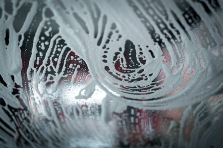 Close up shot of foam dripping from car, Car wash with high pressure washer.の写真素材