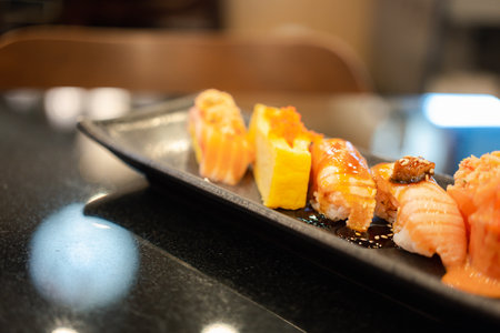 Tasty sushi set served on a tray. Japanese foodの写真素材