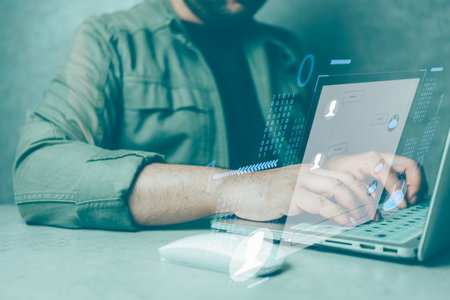 Man Chat with AI or Artificial Intelligence technology. Man using a laptop computer chatting with an intelligent artificial intelligence asks for the answers he wants. Smart assistant, Chat AI,の写真素材