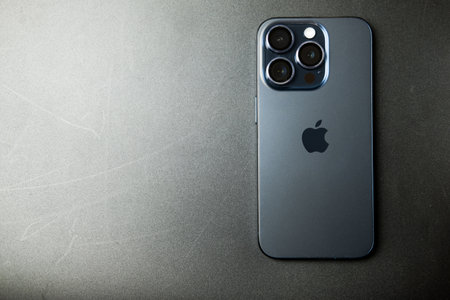 Bangkok, Thailand - January 7, 2024 : Phone 15 Pro blue titanium smartphone new models, launch new smartphone in 2023のeditorial素材