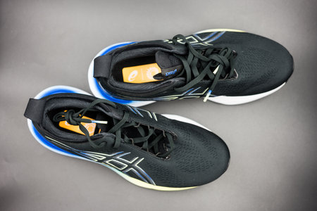Bangkok, Thailand - January 7, 2024 : A pair of ASICS Running Shoes Gel Nimbus 25 WIDE. Asics is a Japanese multinational corporation which produces sports equipmentのeditorial素材
