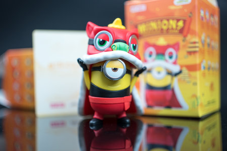 Bangkok, Thailand - January 7, 2024 : Cute a collectible POP MART with Series Minions Travelogues of China. Lion Dance Stuart. Figures Blind Box from POP MARTのeditorial素材