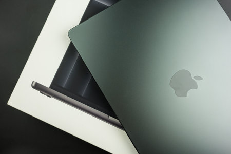 Bangkok, Thailand - January 7, 2024 : New modern design of space black colour of Apple MacBook Pro M3 Max 14 Inch screen placed on boxのeditorial素材