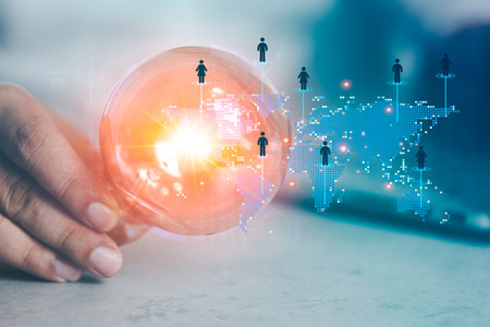 Man holding light bulb show idea with working staff world wide. Target customer or Human resource. Global business target that can reach many people. HR, or CRM, hiring on network links worldwideの写真素材