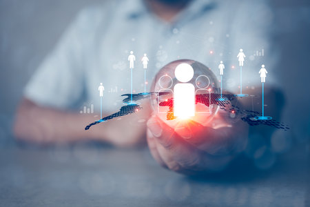 Businessman hand show virtual global and map with target customer or Human resource. Global business target that can reach many people. Customer service. Global structure customer networkの写真素材