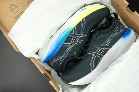 Bangkok, Thailand - January 9, 2024 : ASICS Running Shoes Gel Nimbus 25 WIDE. Japanese multinational corporation athletic equipment company which produces footwear and sports equipmentのeditorial素材
