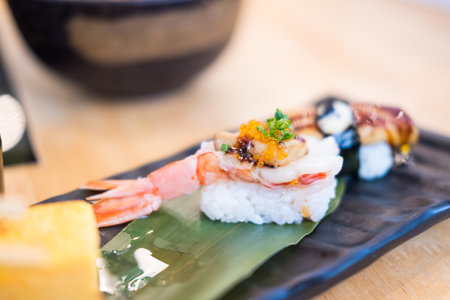 Shrimp sushi or Japanese ebi sushi. Close up.の写真素材