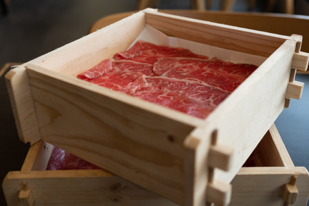 Premium quality sliced beef meat with a perfect fatty texture served on wood box for sukiyaki or shabu.の写真素材