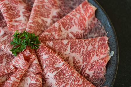 Premium quality beef for cooking sukiyaki. Close upの写真素材