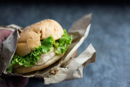 Fresh tasty burger. burgers with pork and fresh lettuce hold by handの写真素材