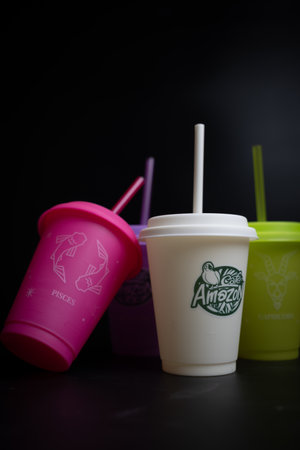 Bangkok, Thailand - January 13, 2024 : MAGICAL CUP from Cafe Amazon, color changing glass, zodiac sign. Souvenir gets free for a customer two drink order at cafe Amazon.のeditorial素材