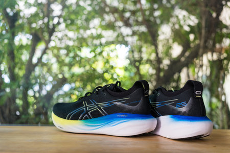 Bangkok, Thailand - January 13, 2024 : Running shoes from the brand Asics on wood table. ASICS Running Shoes Gel Nimbus 25 WIDEのeditorial素材