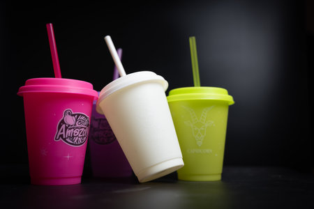Bangkok, Thailand - January 13, 2024 : MAGICAL CUP from Cafe Amazon, color changing glass, zodiac sign. Souvenir gets free for a customer two drink order at cafe Amazon.のeditorial素材