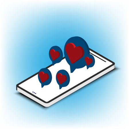 Phone with message icon with heart pop up from screen. Isometric phone with heart sign. Notification message from social networks. Vector illustration.のイラスト素材