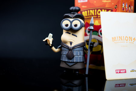Bangkok, Thailand - January 15, 2024 : Cute a collectible POP MART with Series Minions Travelogues of China. Terracotta Warrior, Kevin. Figures Blind Box from POP MARTのeditorial素材