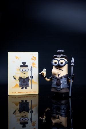 Bangkok, Thailand - January 19, 2024 : Cute a collectible POP MART with Series Minions Travelogues of China. Terracotta Warrior, Kevin. Figures Blind Box from POP MARTのeditorial素材