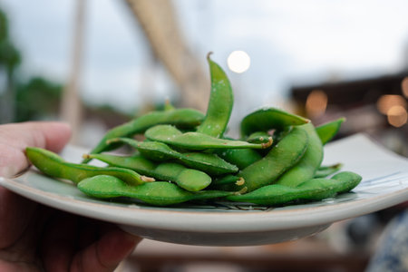 Organic boiled green Edamame beans with sea saltの写真素材