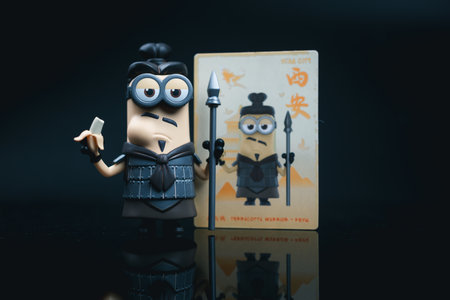Bangkok, Thailand - January 24, 2024 : Cute a collectible POP MART with Series Minions Travelogues of China. Terracotta Warrior, Kevin. Figures Blind Box from POP MARTのeditorial素材