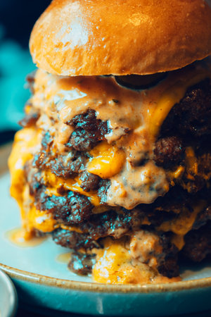 Macro cheese beef burger consists of bun bread and cheddar cheese. Selective focusの写真素材