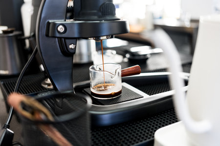 Pulling a Shot of Espresso. Professional coffee brewingの写真素材