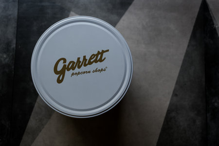 Bangkok, Thailand - January 31, 2024 : Logo of plastic Garrett Popcorn Shop screen on plastic bag. Garrett Popcorn is now famous the world over for its delicious popcorn.のeditorial素材