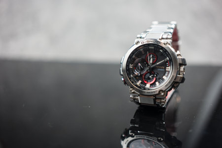 Bangkok, Thailand - January 31, 2024 : Closr up of silver wristwatch of Casio G-Shock model MTG-B1000D-1ADR. The luxury fashion watchのeditorial素材