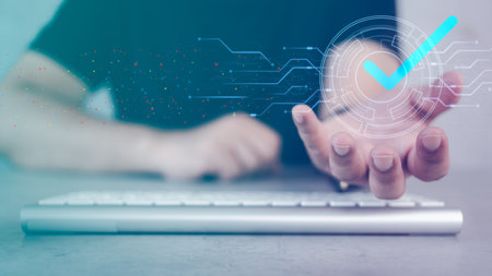 Man hands showing virtual of validation to confirm transaction or approve to access data. Secure password to confirm login in online banking applicationの写真素材
