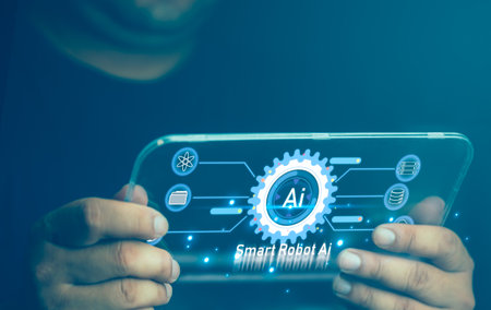 Man using the software technology AI to help and support work for chatbot, chat ai, generate image, write code, and data analysis using technology smart futuristicの写真素材