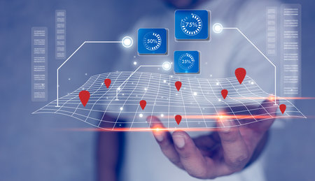 Men holding holograms virtual screen map to scan into the business system that can be contacted all over the world with modern technology narrow the world. New generation technology for business conceptの写真素材