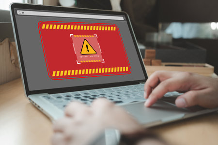 System warning caution sign for notification error concept. Cyber attack on computer network, Virus, Spyware, Malware or Malicious software.の写真素材