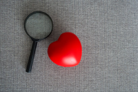 Red heart and black magnifying glass. Finding true love Valentine concept.の写真素材