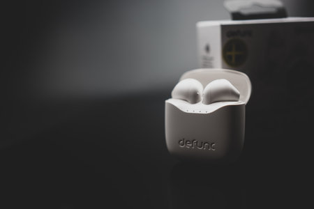 Bangkok, Thailand - February 5, 2024 : Earphones Defunc wireless headphones TRUE BASIC model with...