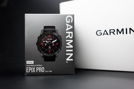 Bangkok, Thailand - February 5, 2024 : A box of Garmin smart watch Epix Pro Gen 2, a step counter and amount of calories burned. The best of sport smartwatchのeditorial素材