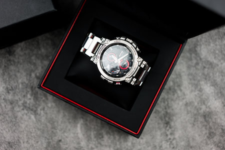 Bangkok, Thailand - February 5, 2024 : Casio G-Shock model MTG-B1000D-1ADR, Silver wristwatch in black box. G-Shock is a line of watches manufactured by Casio.のeditorial素材