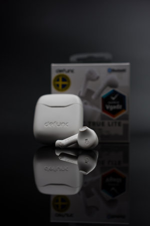 Bangkok, Thailand - February 5, 2024 : Earphones Defunc wireless headphones TRUE BASIC model with...