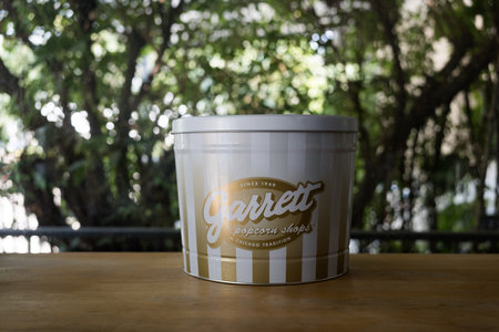 Bangkok, Thailand - February 5, 2024 : A big large size bucket for popcorn from Garrett Popcorn. Founded in Chicago, United States, Garrett Popcorn is now famous the world over for its delicious popcorn.のeditorial素材