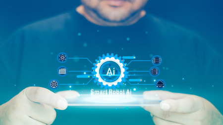 Men use artificial intelligence. Software technology AI to help and support work for chatbot, generate image, write code, and data analysis using technology smart futuristicの写真素材
