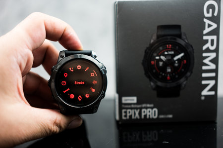 Samut Prakan, Thailand - February 8, 2024 : Multi function on smart watch showing on displaying red shift mode in Garmin Epix Pro Gen 2, Sapphire Edition 47 mm, best lifestyle with a smartwatchのeditorial素材