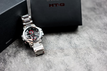 Samut Prakan, Thailand - February 8, 2024 : Casio G-Shock model MTG-B1000D-1ADR, stainless steel wristwatch. G-Shock is a line of watches manufactured by Casio.のeditorial素材