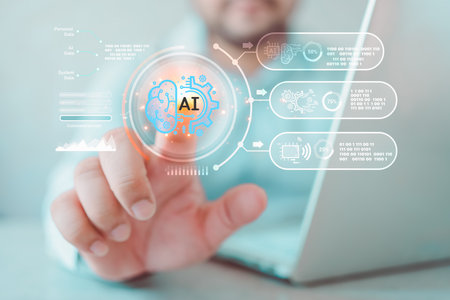 Man touch a holographic interface Ai chat bot and industrial control with robot hands and human. Concept of artificial intelligence connects to control with chat robot to learn from intelligence.の写真素材