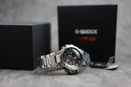Bangkok, Thailand - February 14, 2024 : G-SHOCK watch model MTG-B1000D-1ADR. The MT-G series uses a...