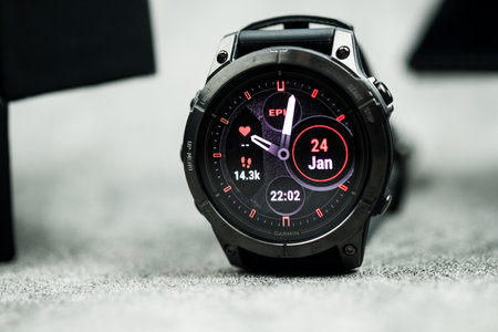 Bangkok, Thailand - January 14, 2024 : Multi function on smart watch showing on displaying red shift mode in Garmin Epix Pro Gen 2, Sapphire Edition 47 mm, best lifestyle with a smartwatchのeditorial素材