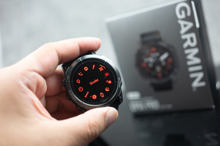 Bangkok, Thailand - January 14, 2024 : Multi function on smart watch showing on displaying red shift mode in Garmin Epix Pro Gen 2, Sapphire Edition 47 mm, best lifestyle with a smartwatchのeditorial素材