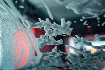 Driver view looking out through the windshield, foam on glass carの写真素材