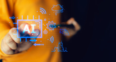 Man touch virtual artificial intelligence network icons. Startup technology target goal success and...