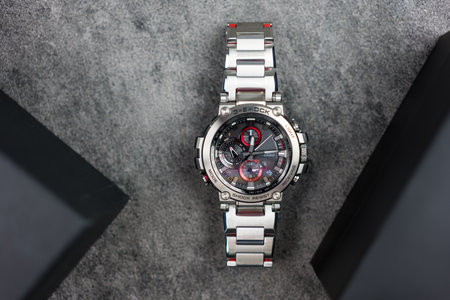 Bangkok, Thailand - February 16, 2024 : G-Shock is tough watch and luxury for gentlemen who use this watch during daily routine. G-Shock model MTG-B1000D-1ADR design stainless steel.のeditorial素材